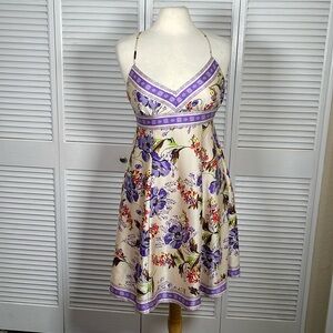 Nine West 100% Silk Floral Dress Crisscross Back Lined Side Zip Size 8